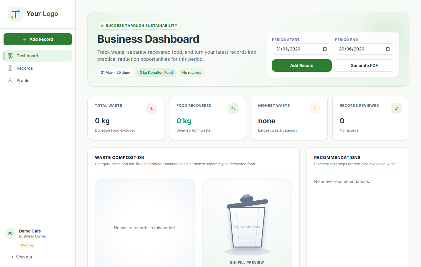 Food Waste Audit & Tracking live demo screenshot